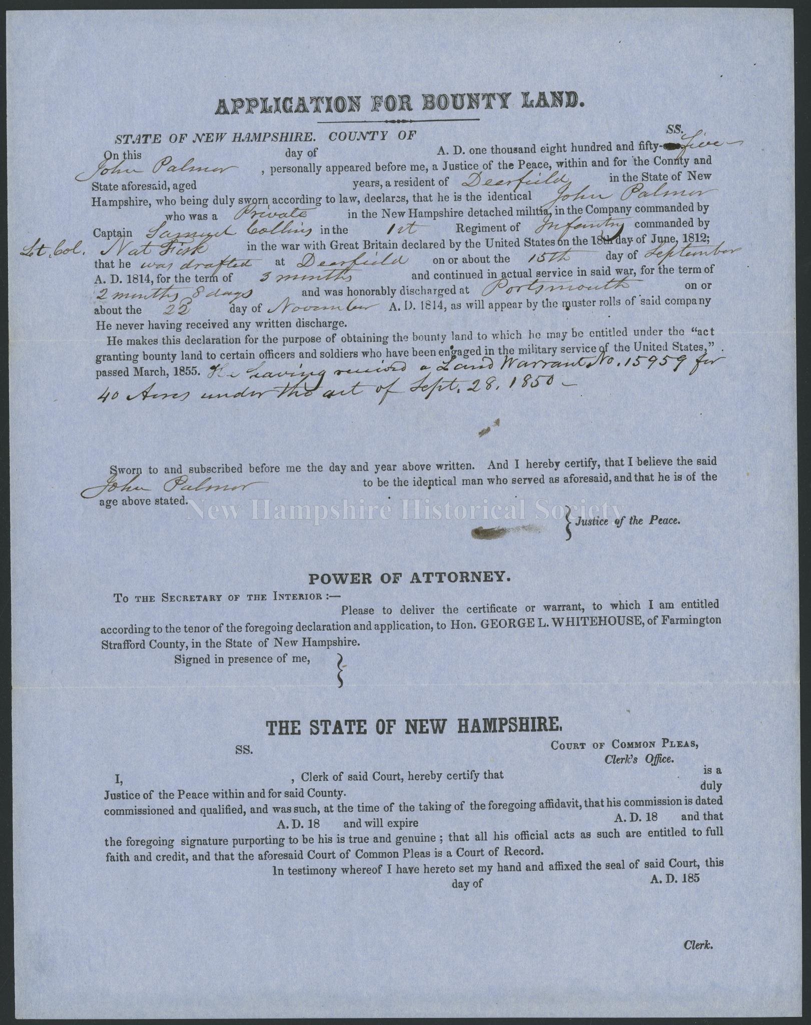 New Hampshire Historical Society - Application for bounty land by