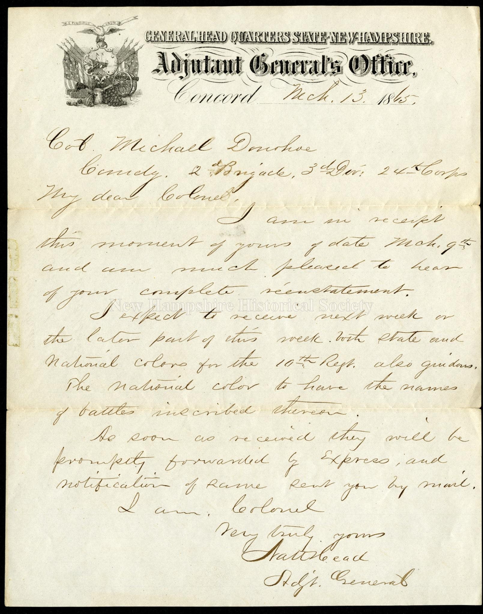 New Hampshire Historical Society - Letter, March 13, 1865 - Letter, March  13, 1865