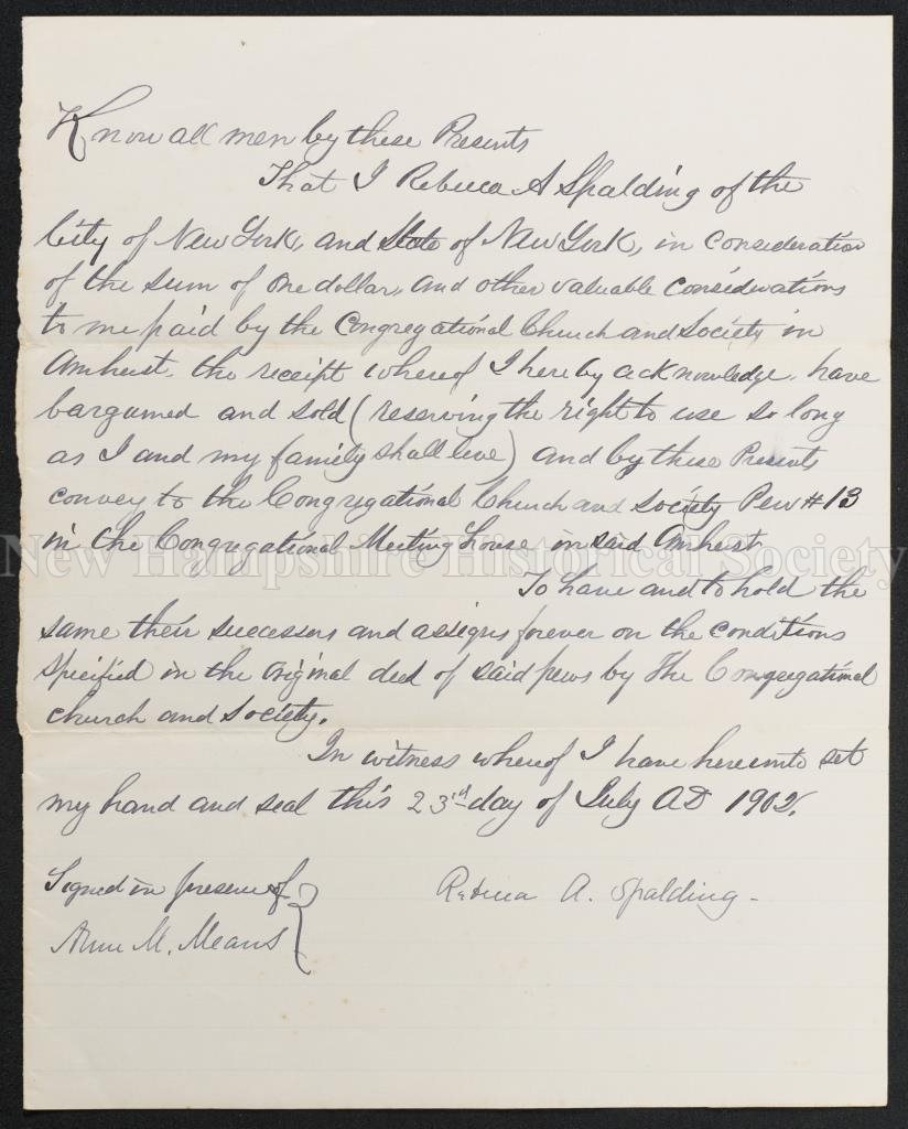 New Hampshire Historical Society Deed For A Pew From Rebecca A Spalding July 23 1902 Deed For A Pew From Rebecca A Spalding July 23 1902