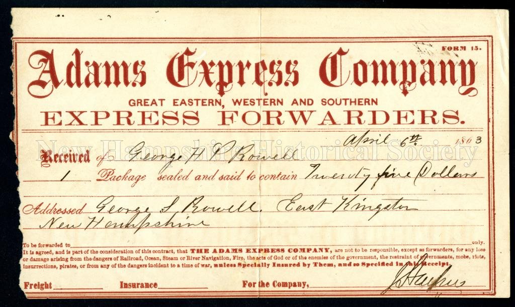 New Hampshire Historical Society - Adams Express Company receipt, 1863  April 6 - Adams Express Company receipt, 1863 April 6