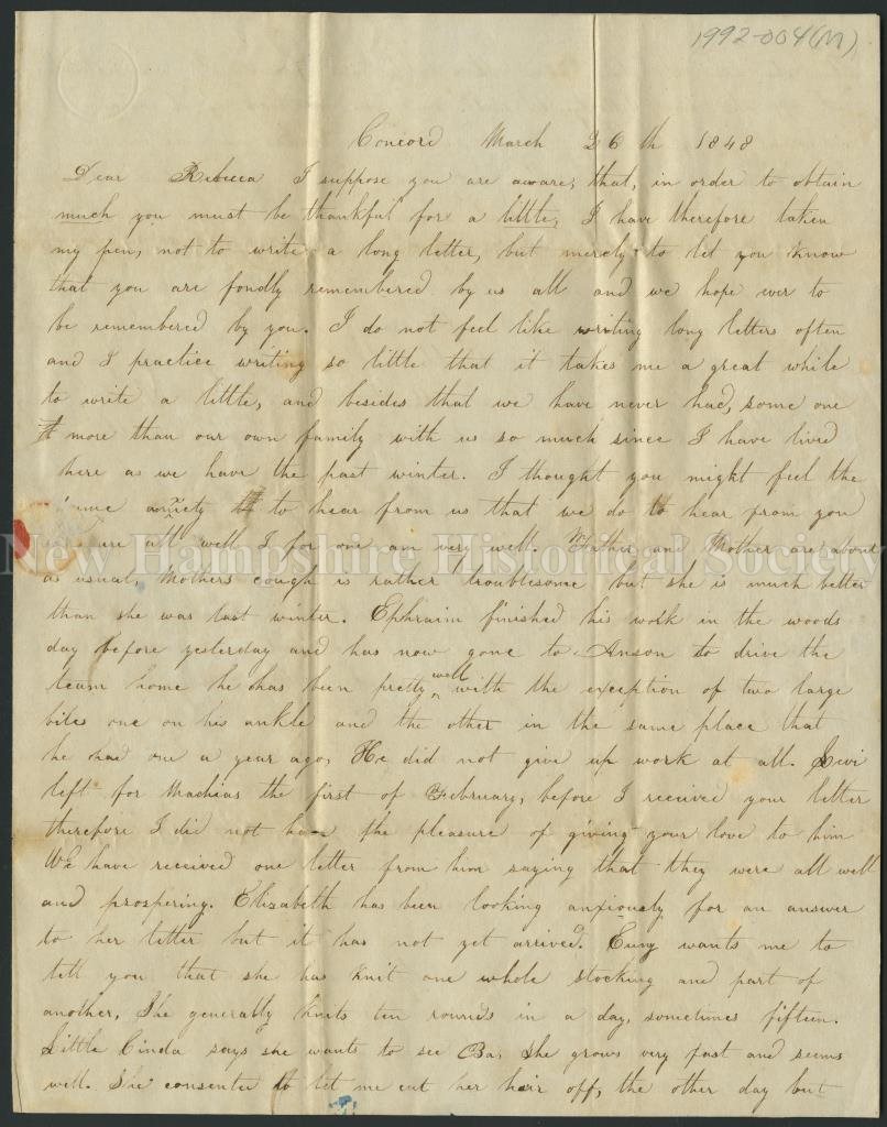 New Hampshire Historical Society Letter From Eveline L Parlin To Rebecca G Moore 1848 March 26 Letter From Eveline L Parlin To Rebecca G Moore 1848 March 26