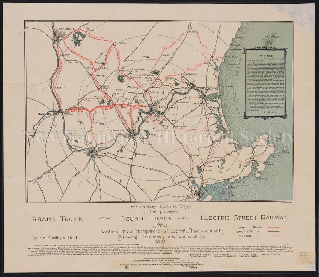 Grand Trunk Railroad Map New Hampshire Historical Society - Preliminary Outline Map Of The Proposed Grand  Trunk Double Track Electric Street Railway From Nashua, New Hampshire To  Haverhill, Massachusetts, 1893 - Preliminary Outline Map Of The