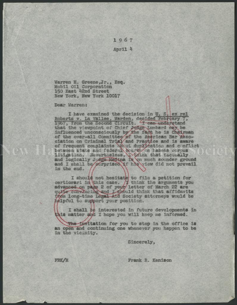 New Hampshire Historical Society Letter From Frank R Kenison To Warren H Greene Jr 1967 April 4 Letter From Frank R Kenison To Warren H Greene Jr 1967 April 4