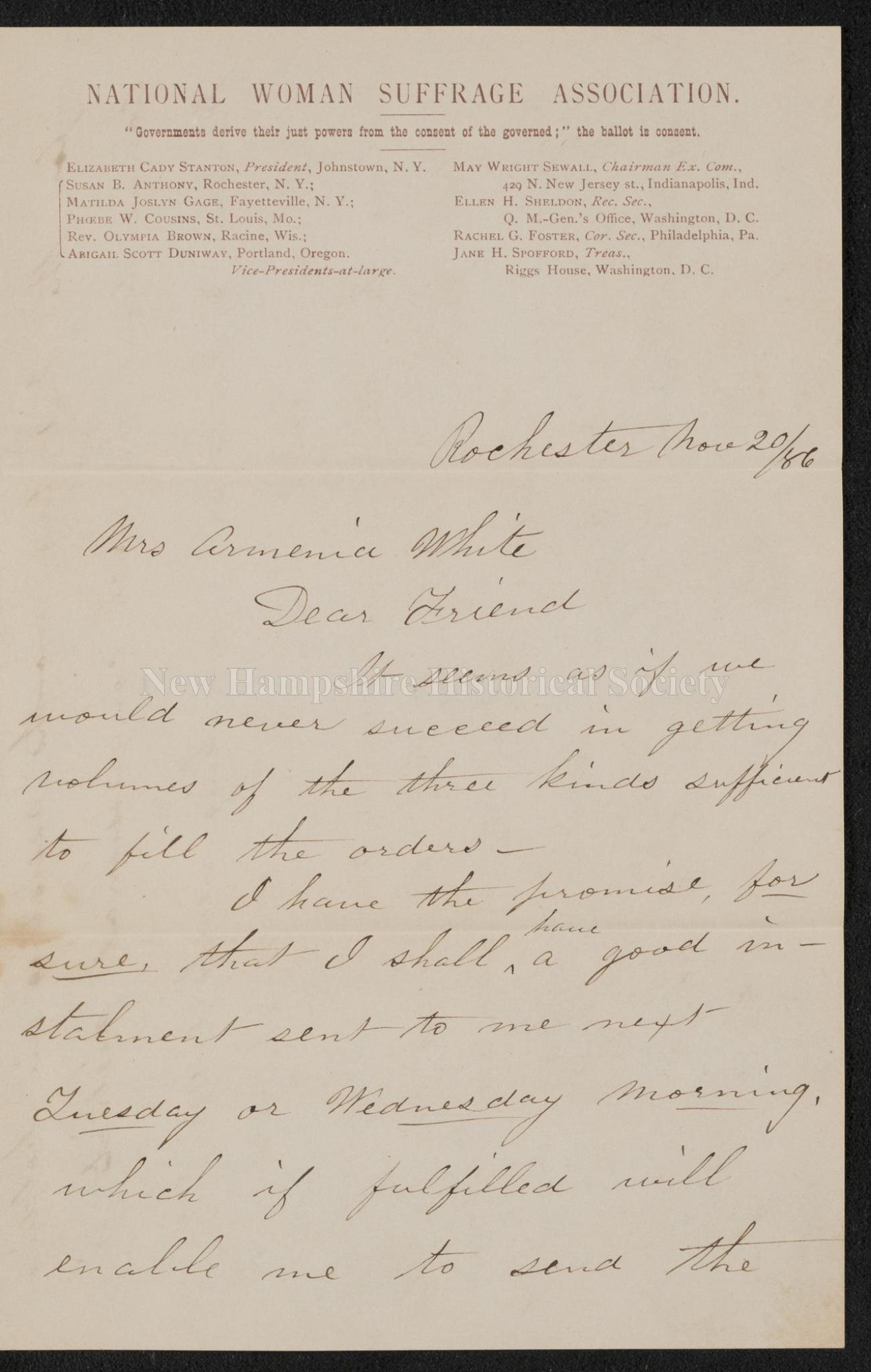 New Hampshire Historical Society Letter From Mary S Anthony To Armenia White 16 November Letter From Mary S Anthony To Armenia White 16 November