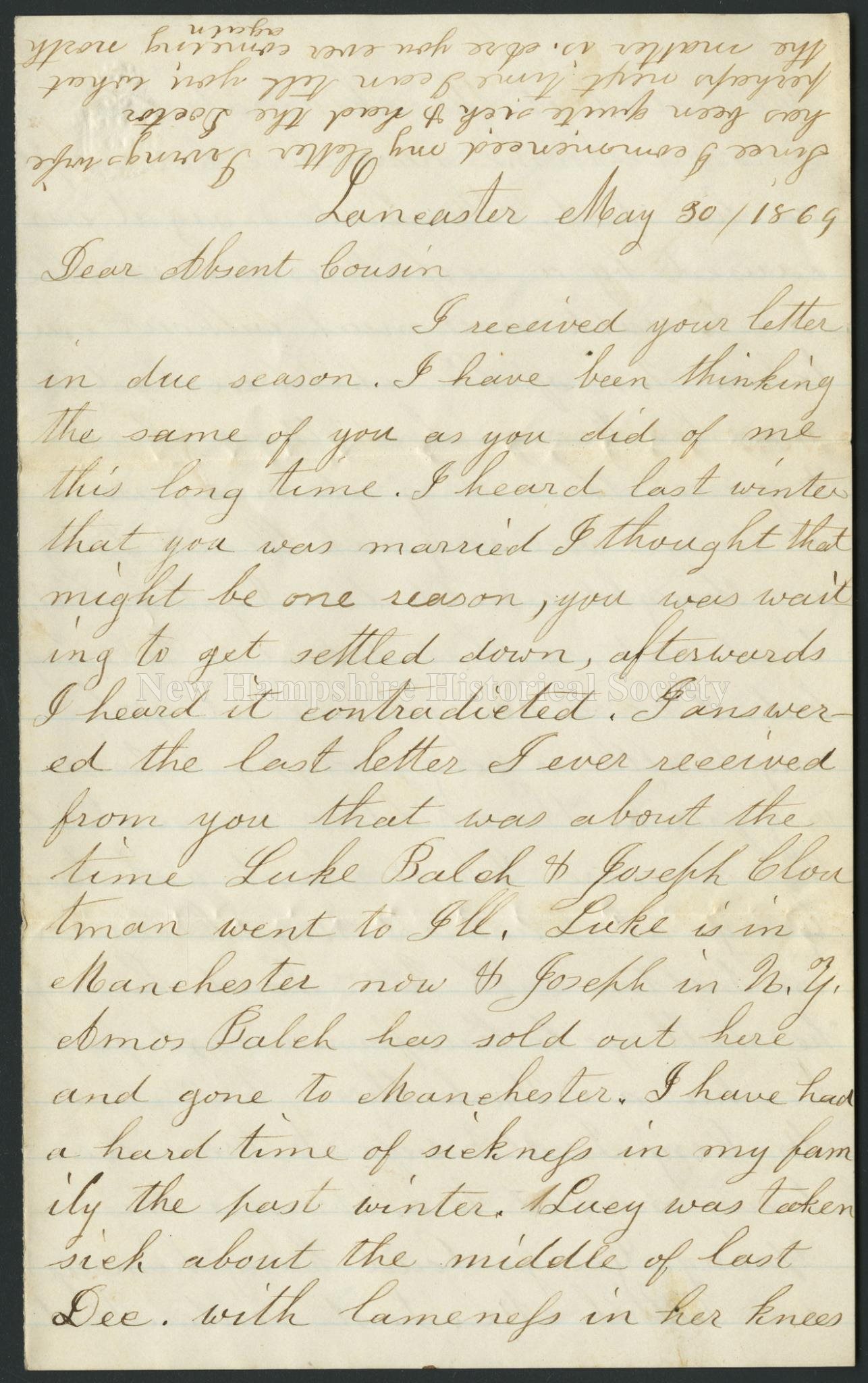 New Hampshire Historical Society - Letter from M. J. Nutter to cousin, 1869  May 30 - Letter from M. J. Nutter to cousin, 1869 May 30