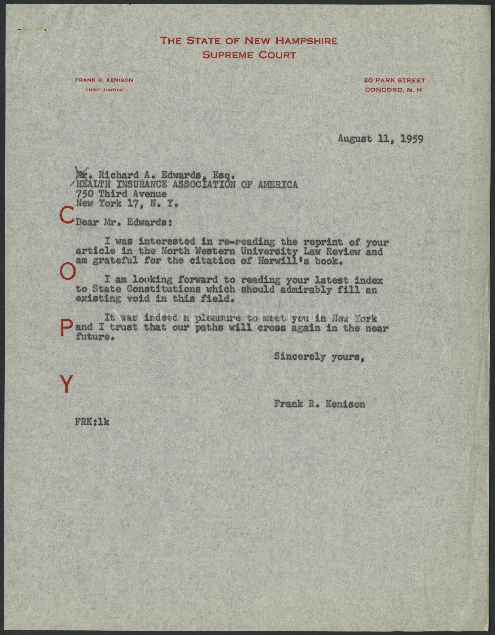 New Hampshire Historical Society Letter From Frank R Kenison To Richard A Edwards 1959 August 11 Letter From Frank R Kenison To Richard A Edwards 1959 August 11