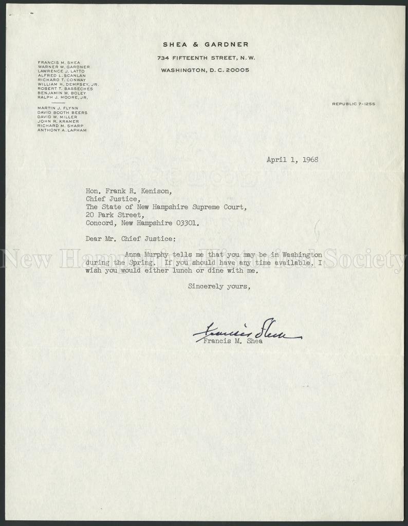 New Hampshire Historical Society Letter From Francis M Shea To Frank R Kenison 1968 April 1 Letter From Francis M Shea To Frank R Kenison 1968 April 1